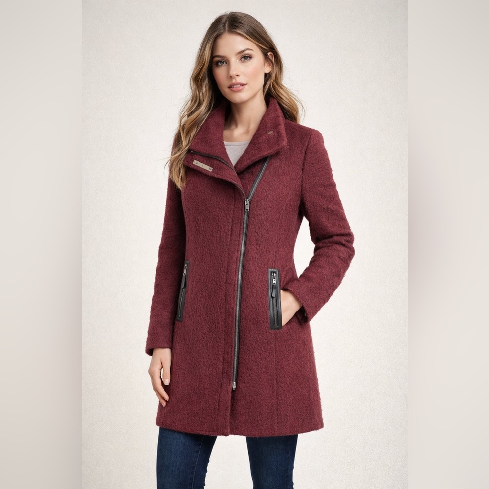 Calvin Klein Wool Blend‎ Coat Womens 1X Moto Asymmetrical Zip Front Burgundy
